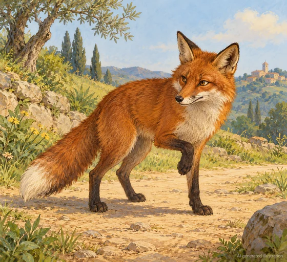 An imagined intact fox favours one leg beside a quiet road.