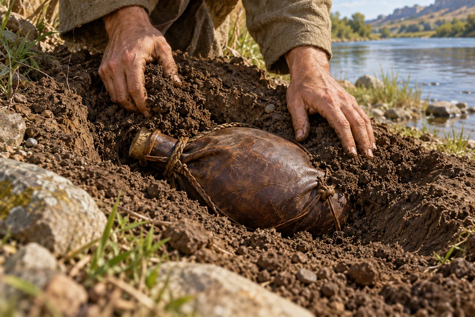 AI-generated narrative scene of a tied water-skin being buried beside a river