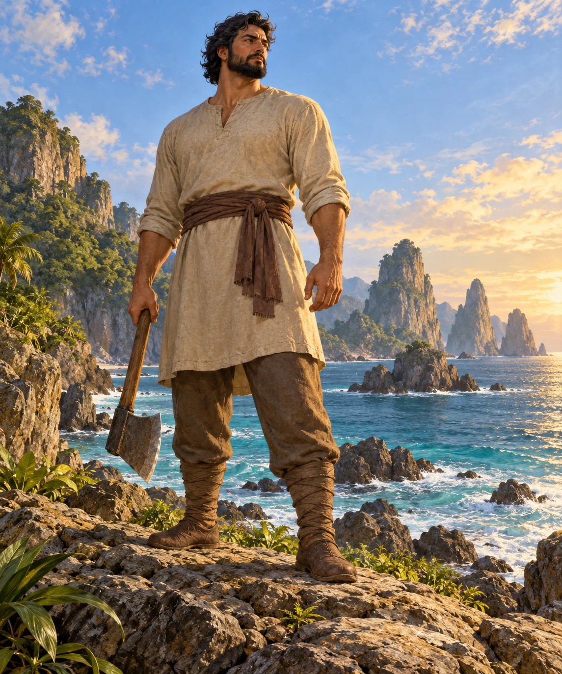 Complete human figure holding a lowered axe on an imagined coast.