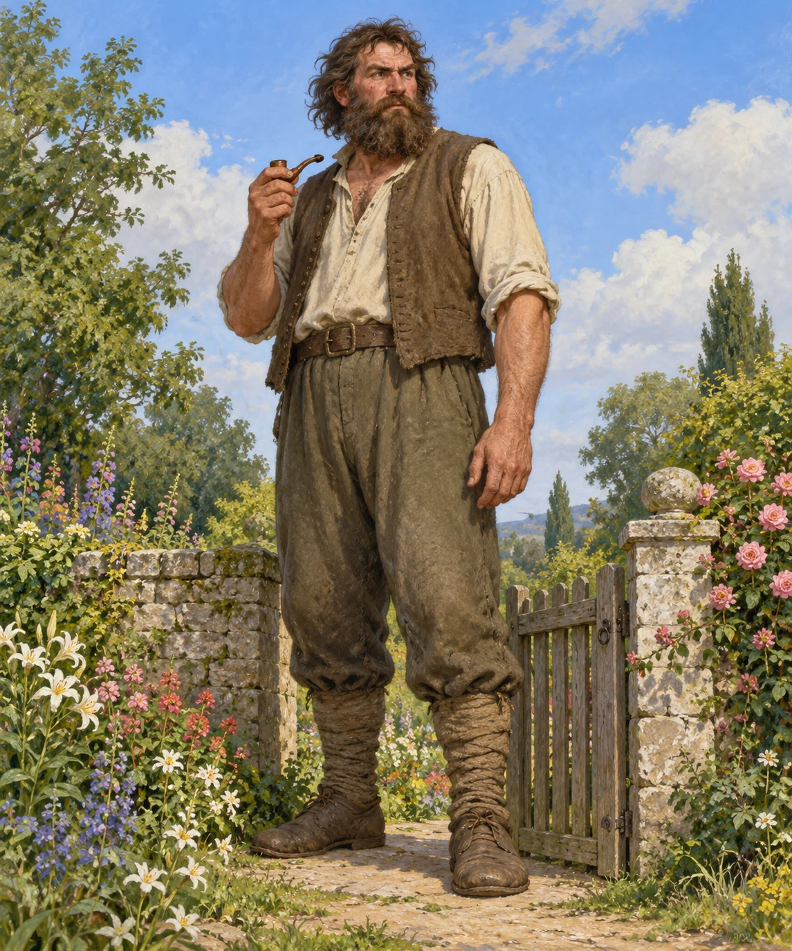 A complete humanlike giant holds a pipe beside a flower-garden gate.