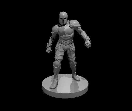Grey upright articulated suit of armour miniature with closed slit helmet and clenched gauntlets on a round base against black.