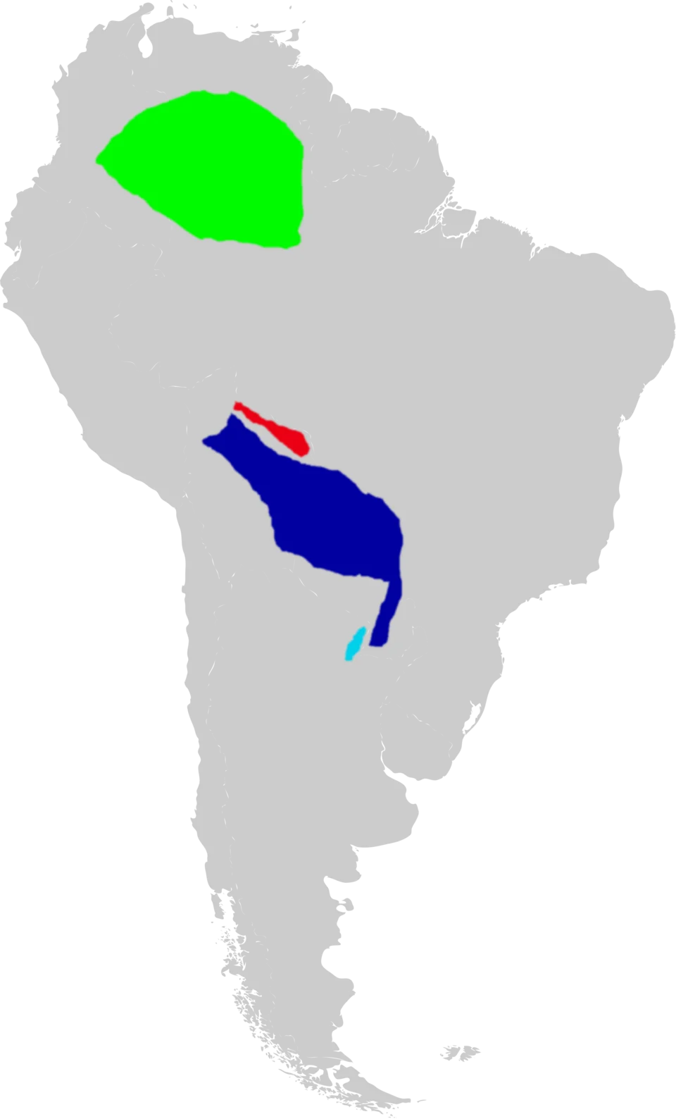 Map of South America showing the distributions of Oecomys concolor (in green), Oecomys sydandersoni (in red), Oecomys mamorae (in dark blue), and Oecomys close to O. mamorae (in light blue).