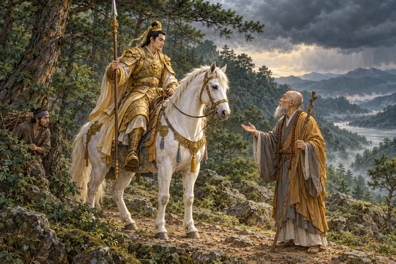 A golden-armoured rider on a white horse hears a monk’s appeal while a woodcutter hides among pines.