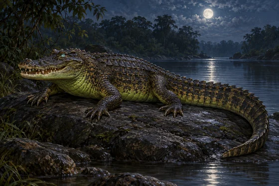 Whole imagined caiman-form spirit with green underside beside dark river water.