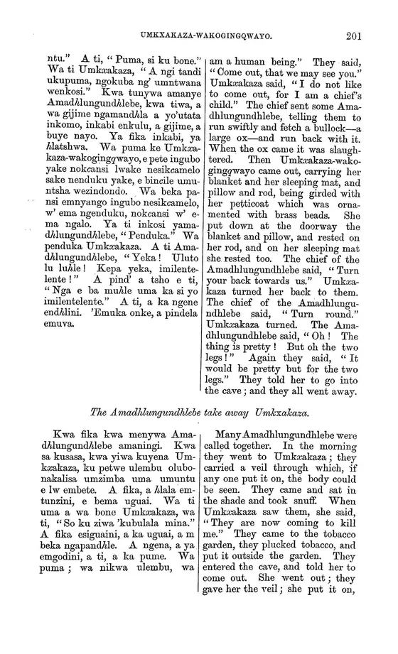 Amadhlungundhlebe: documentary text witness, Callaway 1868, printed page 201; documentary source-page facsimile
