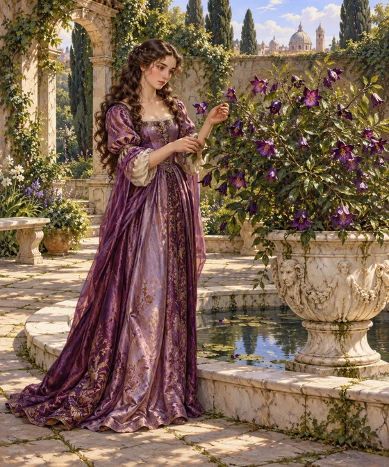 Original AI interpretation of Beatrice Rappaccini tending the purple-flowered shrub beside a ruined garden fountain.