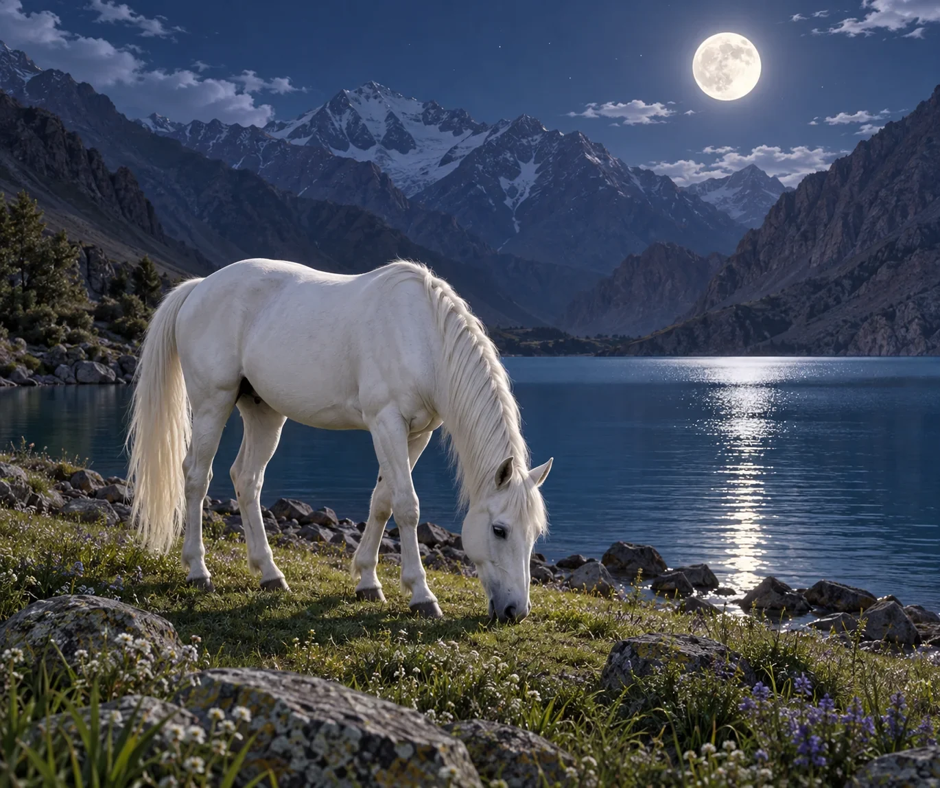 Imagined white horse grazing by lake