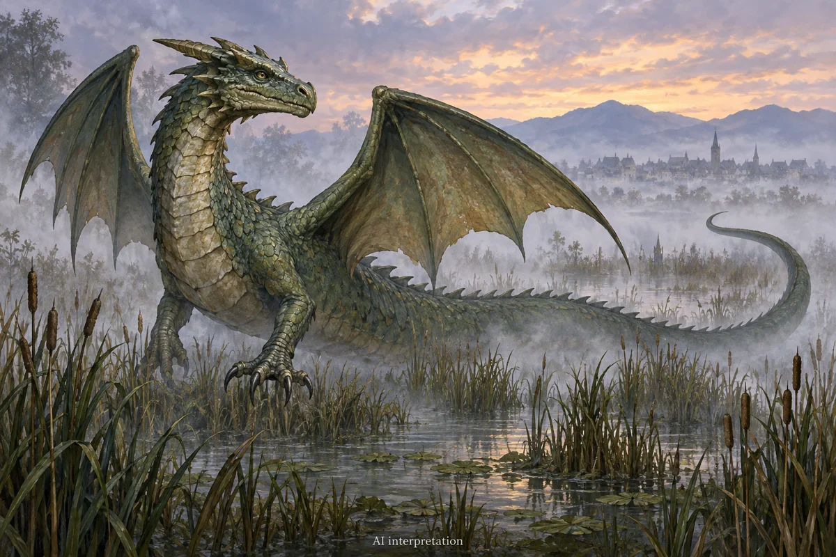 AI interpretation of Klagenfurt’s Lindwurm. Marsh, two-legged design and distant town imagined; not legend chronology.