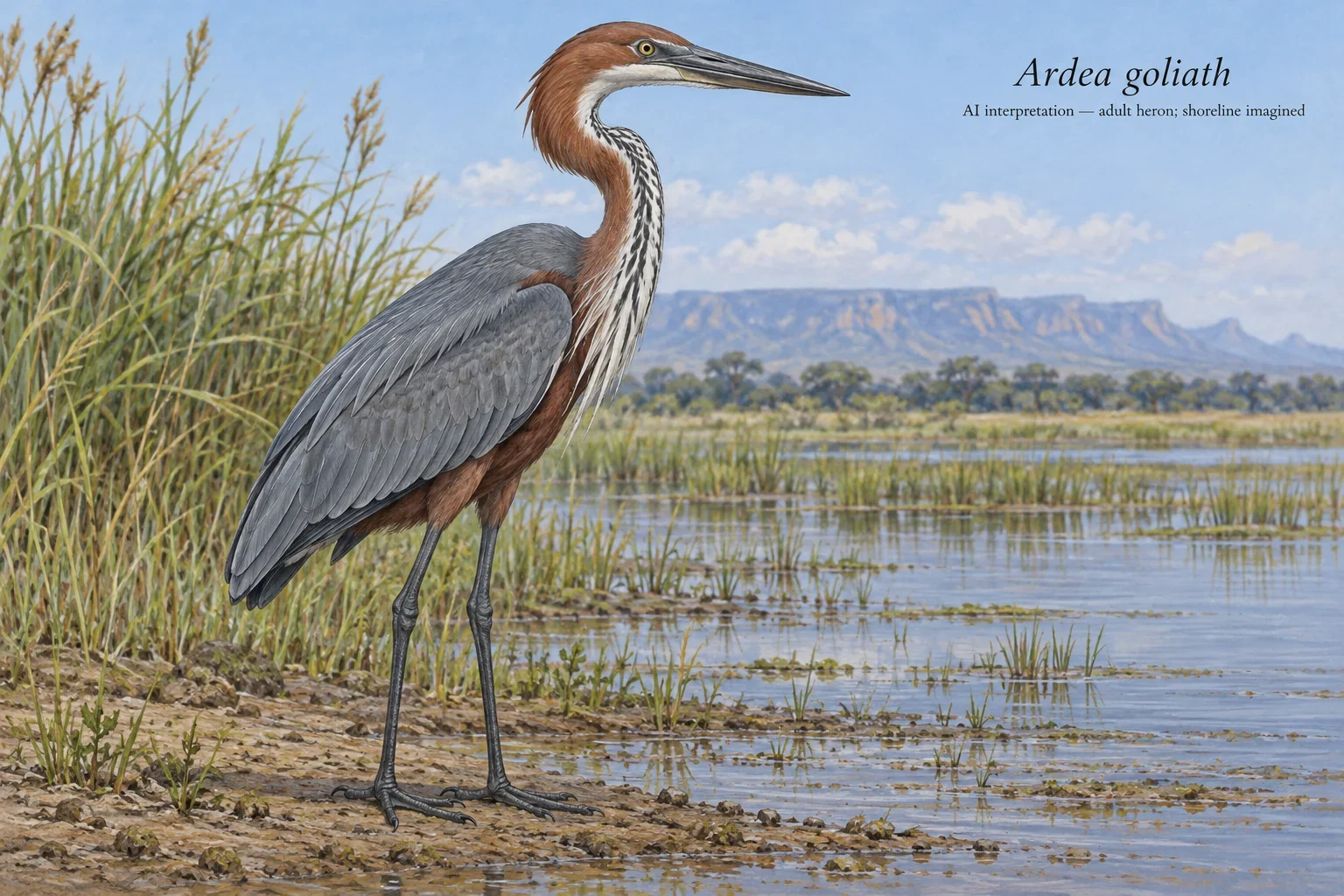 AI adult Goliath heron standing on a mud margin.