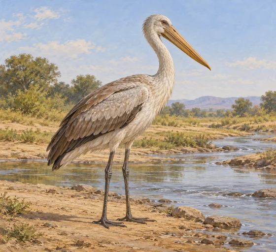 Complete imagined large stork-like water bird beside a brook.