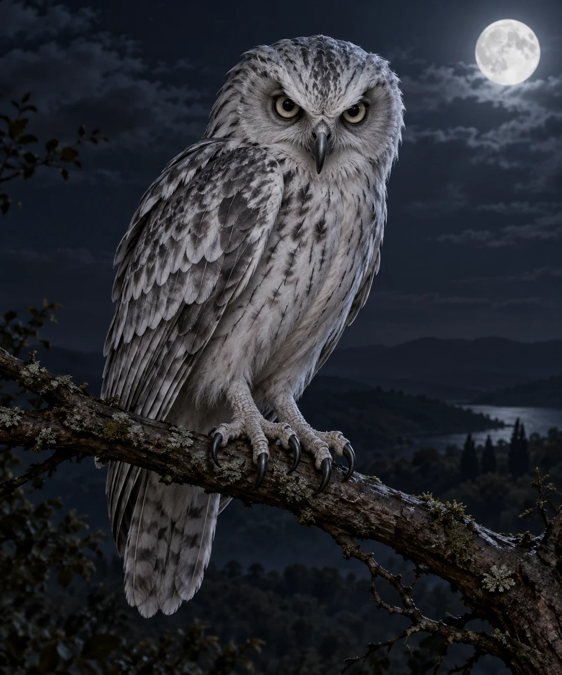 Interpretation of Ovid’s avian striges with a large head, staring eyes, grey-white feathers and hooked talons