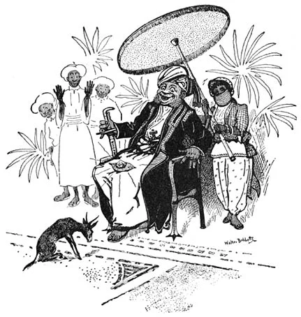A gazelle bends before a seated sultan with a small parcel, while attendants surround the chair and hold a large parasol.