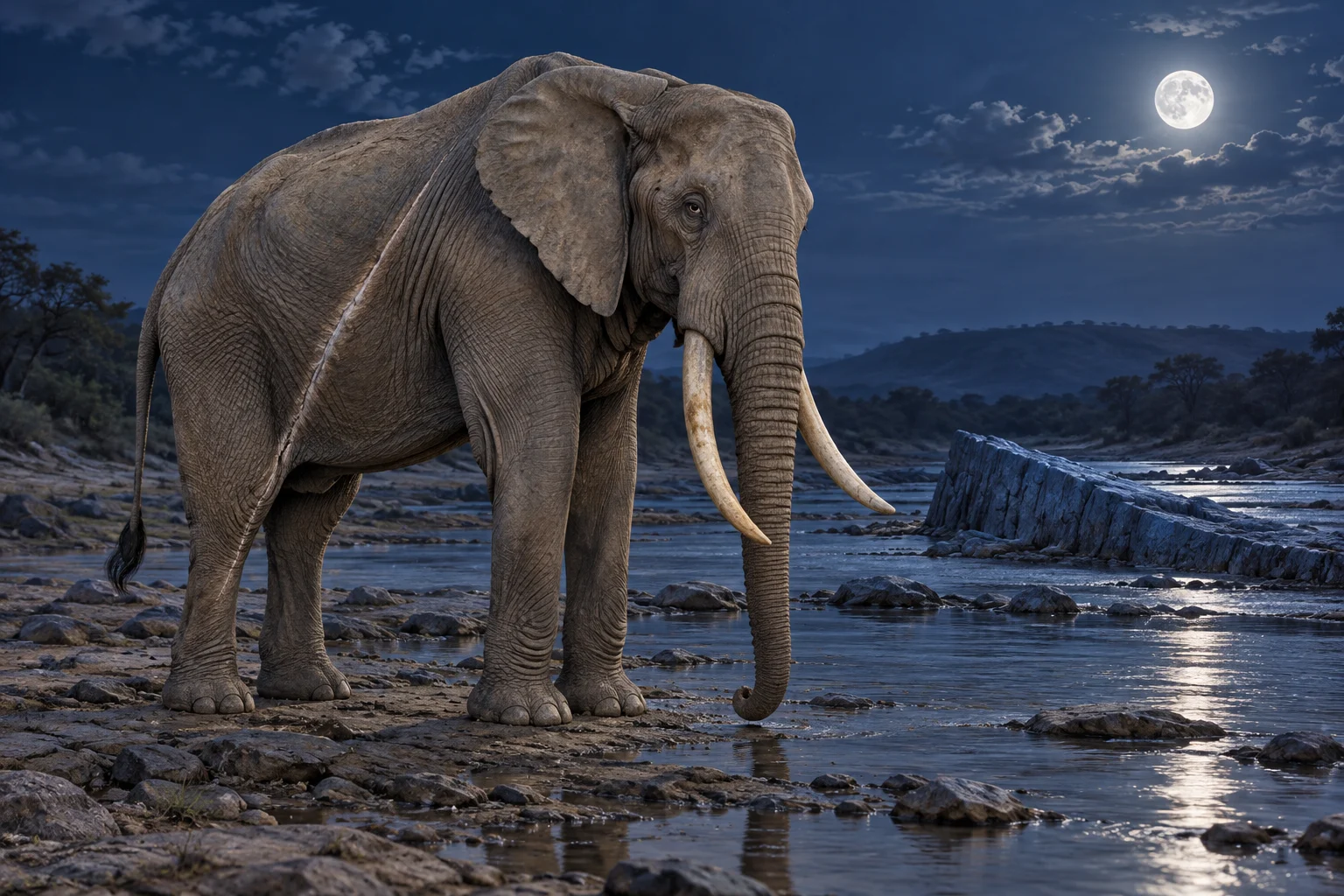 A lean grey elephant with yellowed tusks and a healed white flank scar stands beside shallow water.