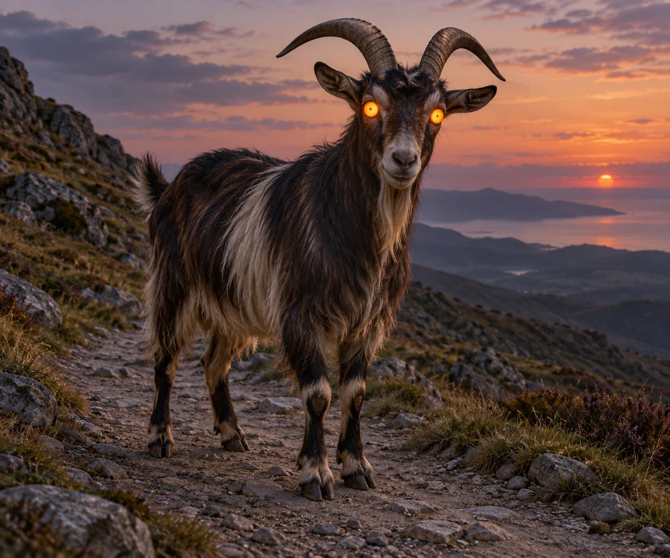 A complete goat-shaped wizard with large glowing eyes stands on a mountain road