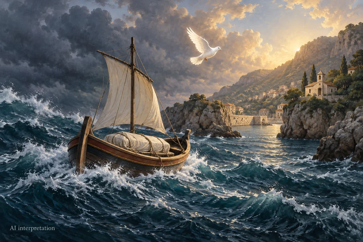 AI interpretation of Dévote’s voyage. Boat and shore imagined.
