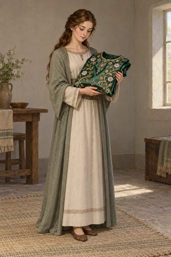 AI-generated grown Lineik holding the completed green embroidered tunic in Hall’s tale