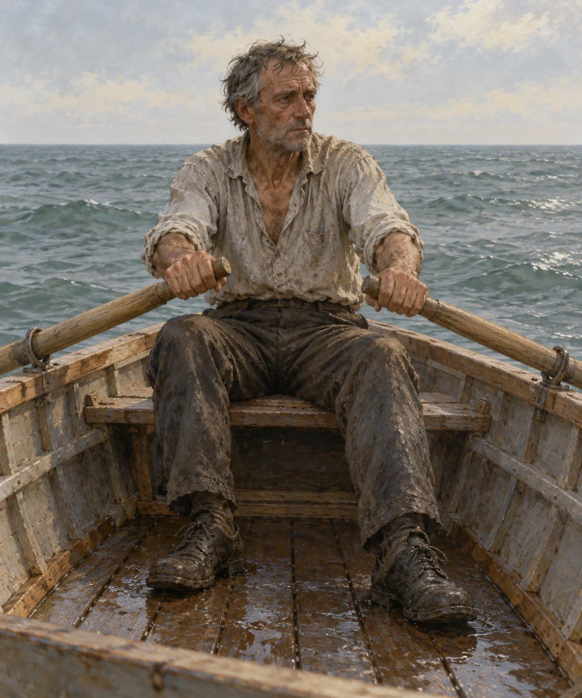 AI interpretation of Billie, the oiler, alive and weary at the oars in Crane's The Open Boat.