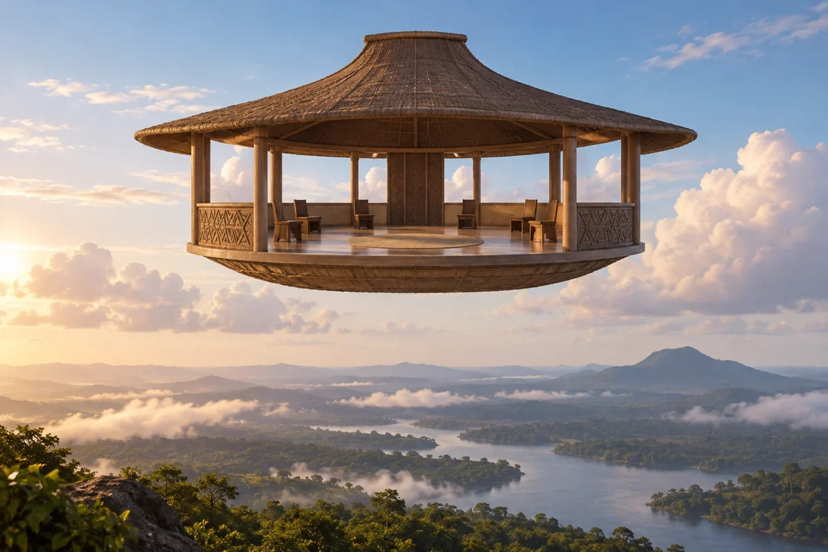 AI interpretation of the suspended hall. Building imagined.