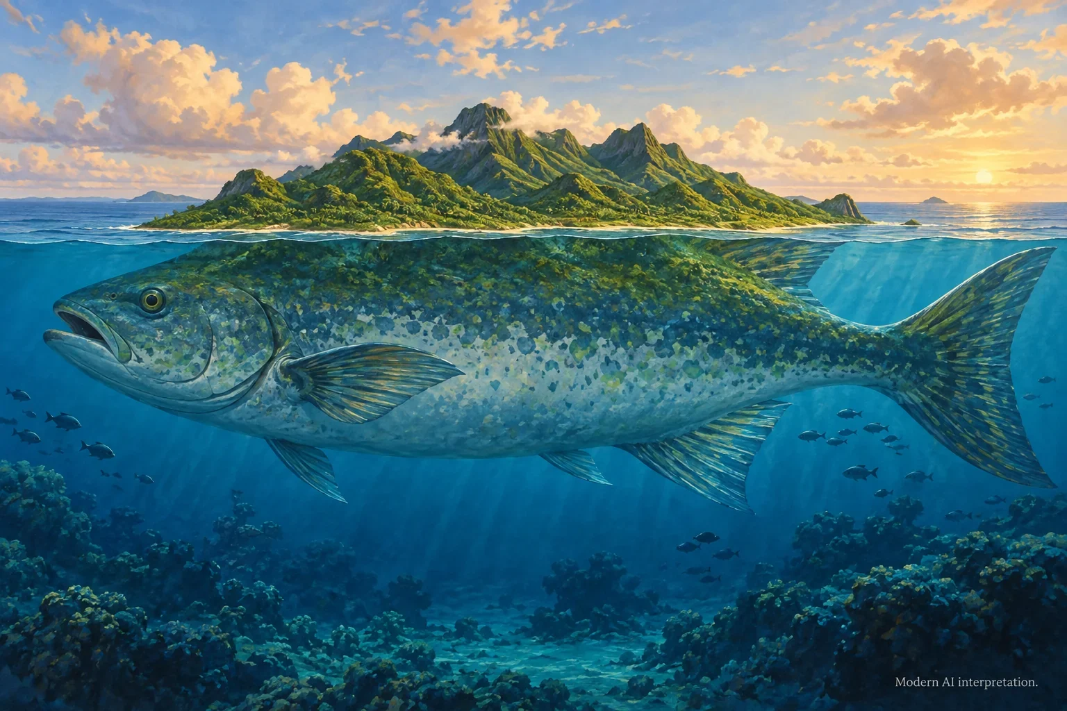 AI interpretation of Tahiti Nui’s fish-to-island change.