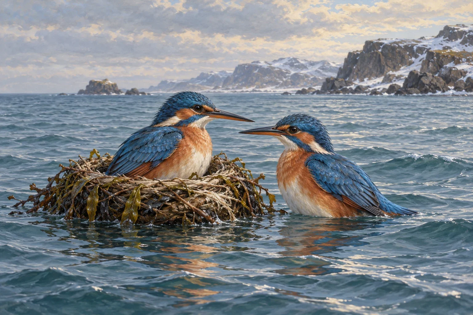 Two blue-and-russet kingfisher-like birds together beside a floating nest on an imagined winter sea.
