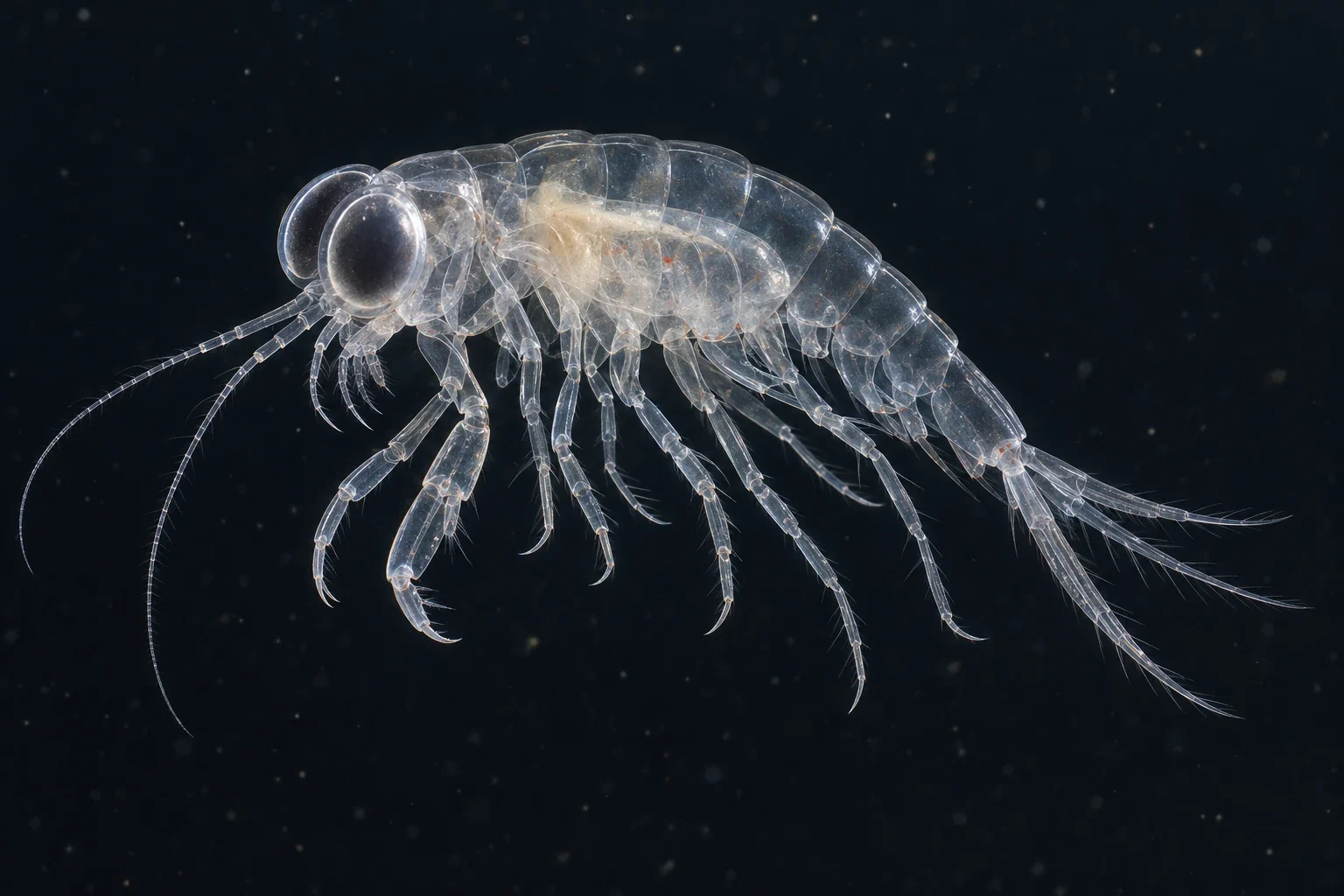 Modern AI interpretation of transparent amphipod form.