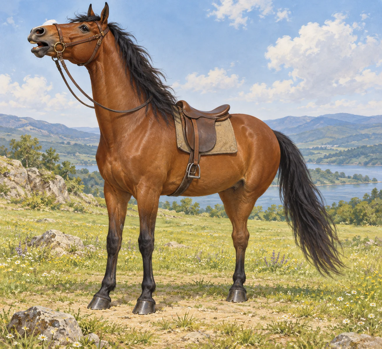 A complete bay horse with two forelegs and one reconstructed central hind leg stands in a meadow, its head raised to neigh.