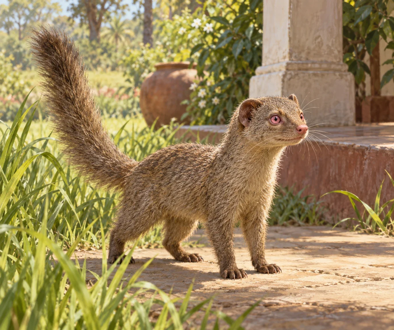 Unofficial AI interpretation of Kipling’s Rikki-tikki-tavi exploring the bungalow garden, following his pink eyes and nose, mongoose form and fluffed tail. Fur palette, pose and veranda details are imagined; no film design or precise real species is claimed.