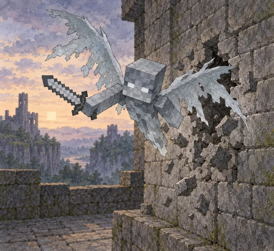 A gray winged Vex phases through a wall carrying a sword.