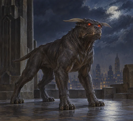 Horned red-eyed canine stands on a moonlit rooftop.