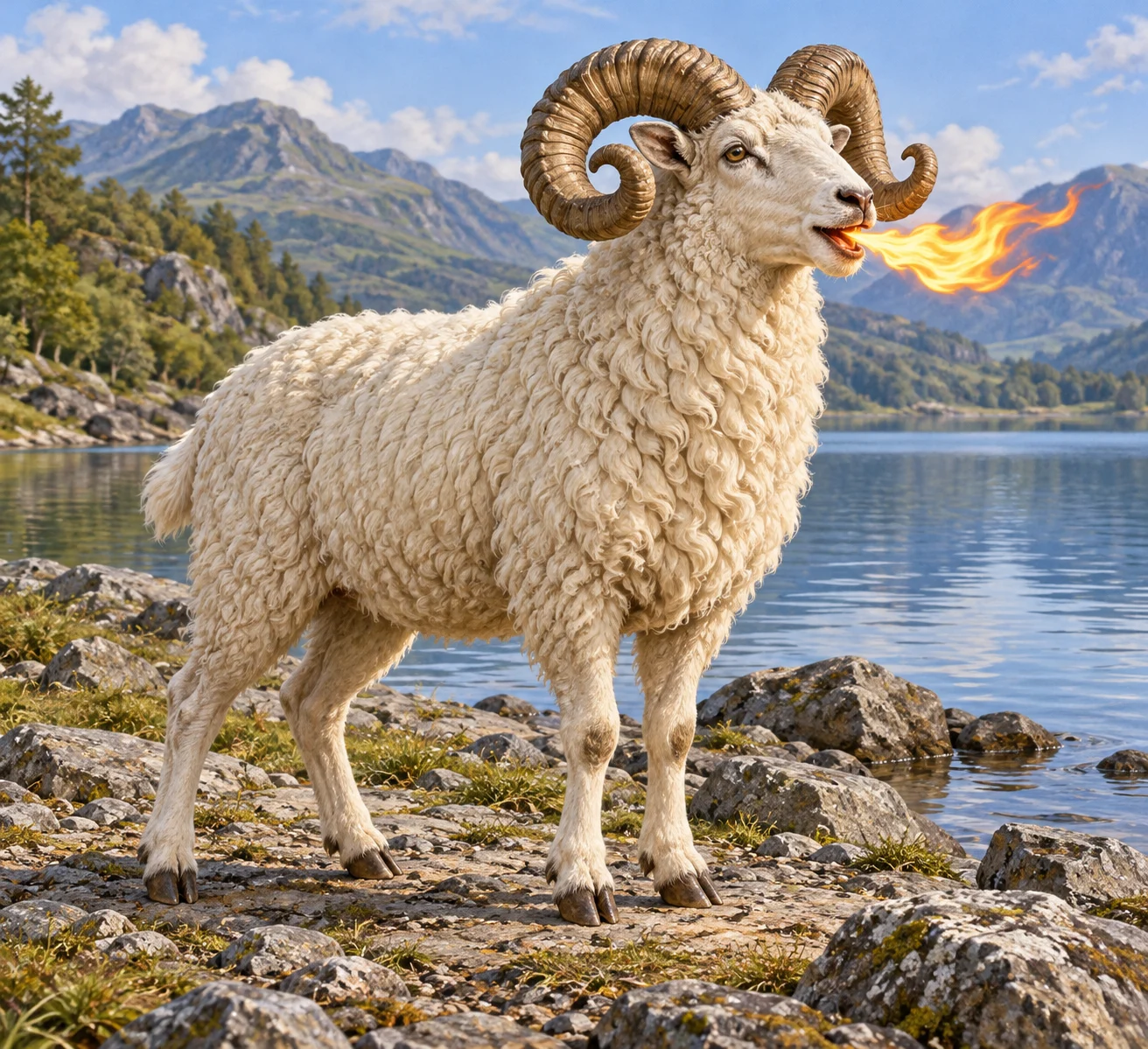 A complete ivory-fleeced ram with two curled horns stands by a lake, a small flame issuing from its mouth.