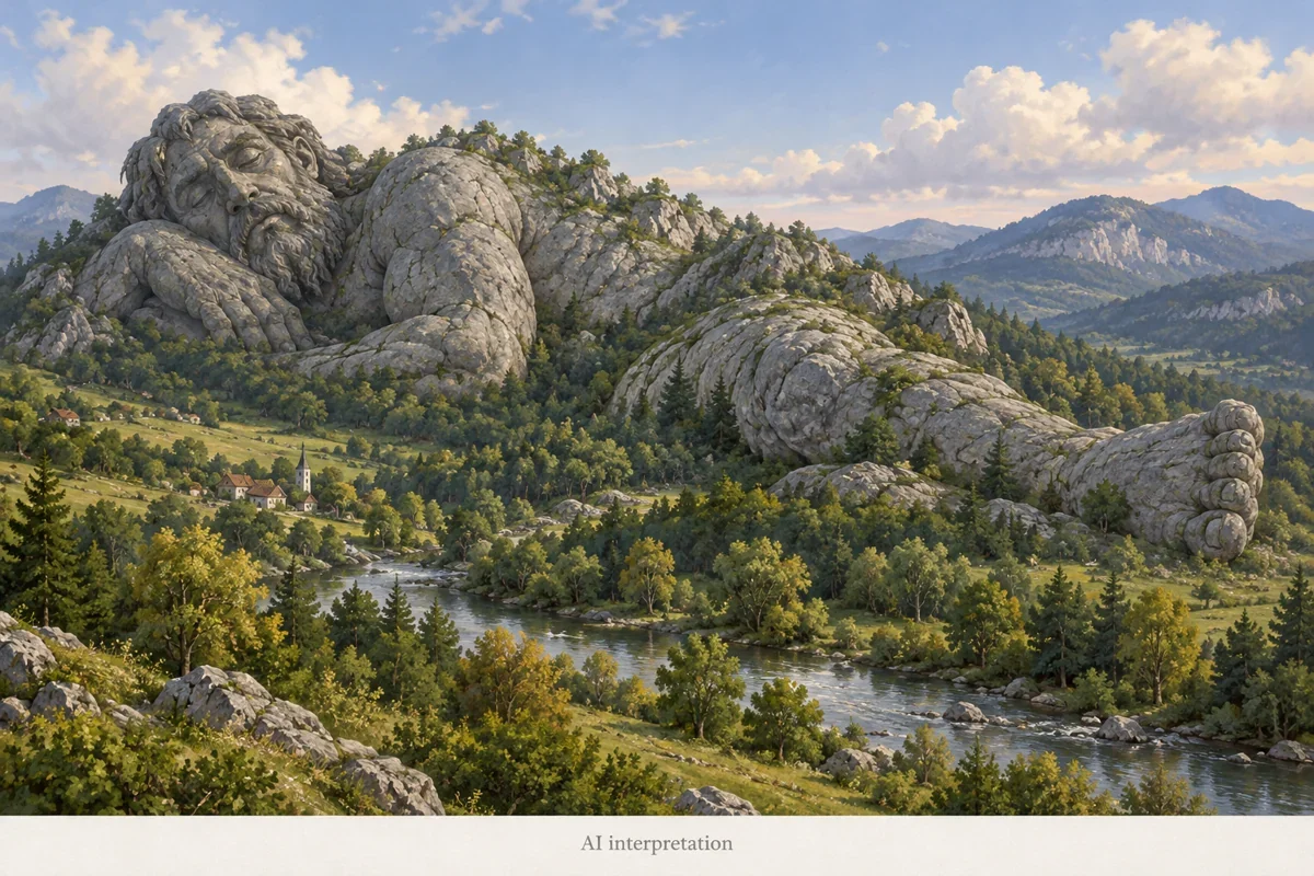 AI interpretation of Klek’s petrified sleep. Imagined stone anatomy and landscape; the Volos version, without combat.