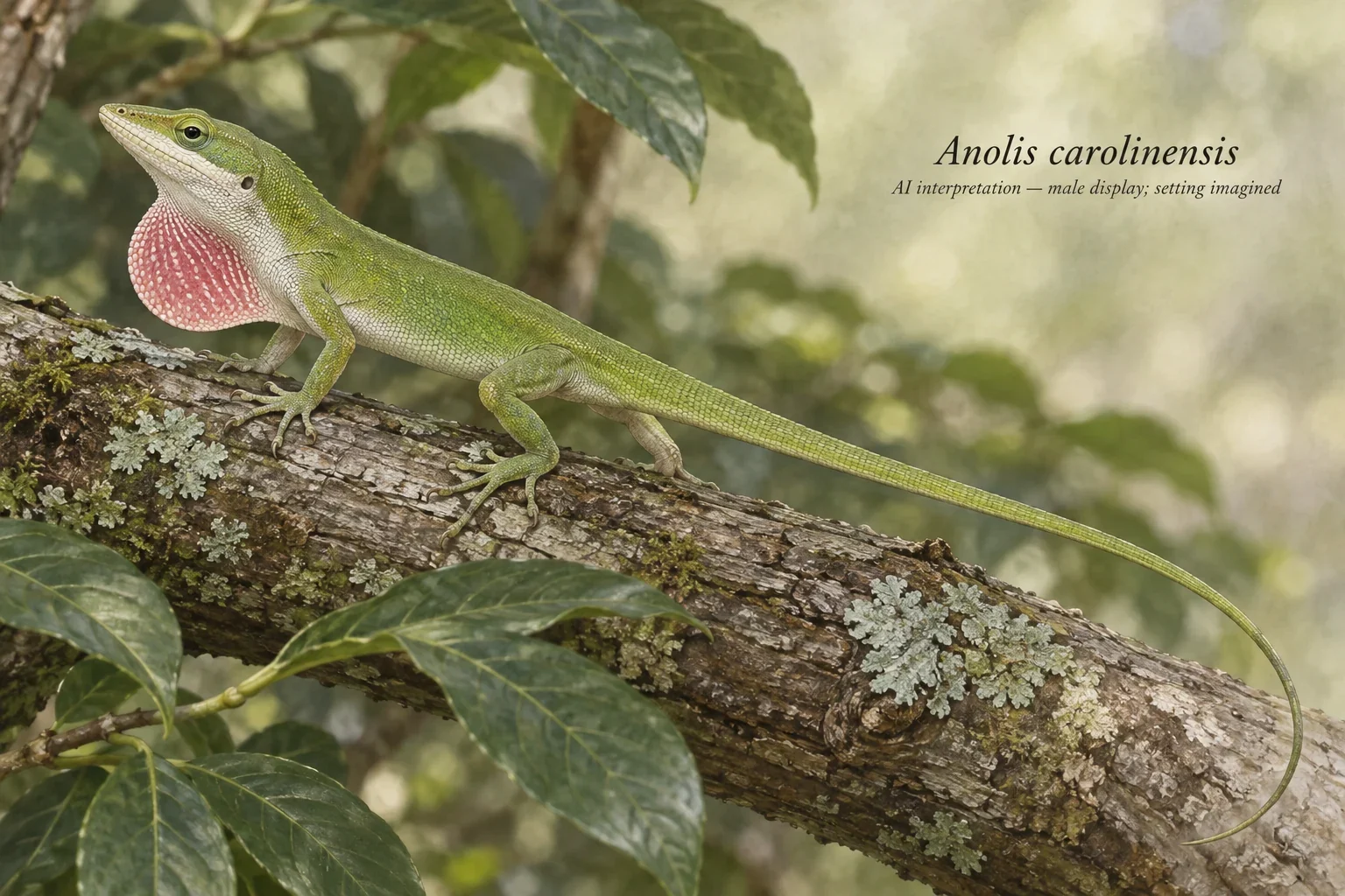 AI male green anole with pink throat dewlap.