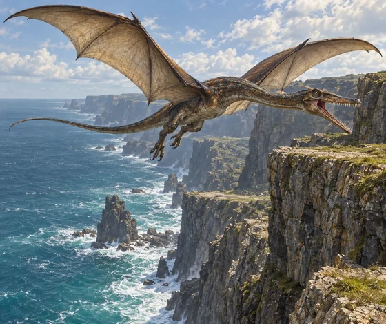 Unofficial AI interpretation of a Thipdar circling a broken sea cliff, following the novel’s batlike wings, sharp teeth and talons. Colour, tail contour and landscape details are imagined; size is conveyed approximately, not as a measured reconstruction.
