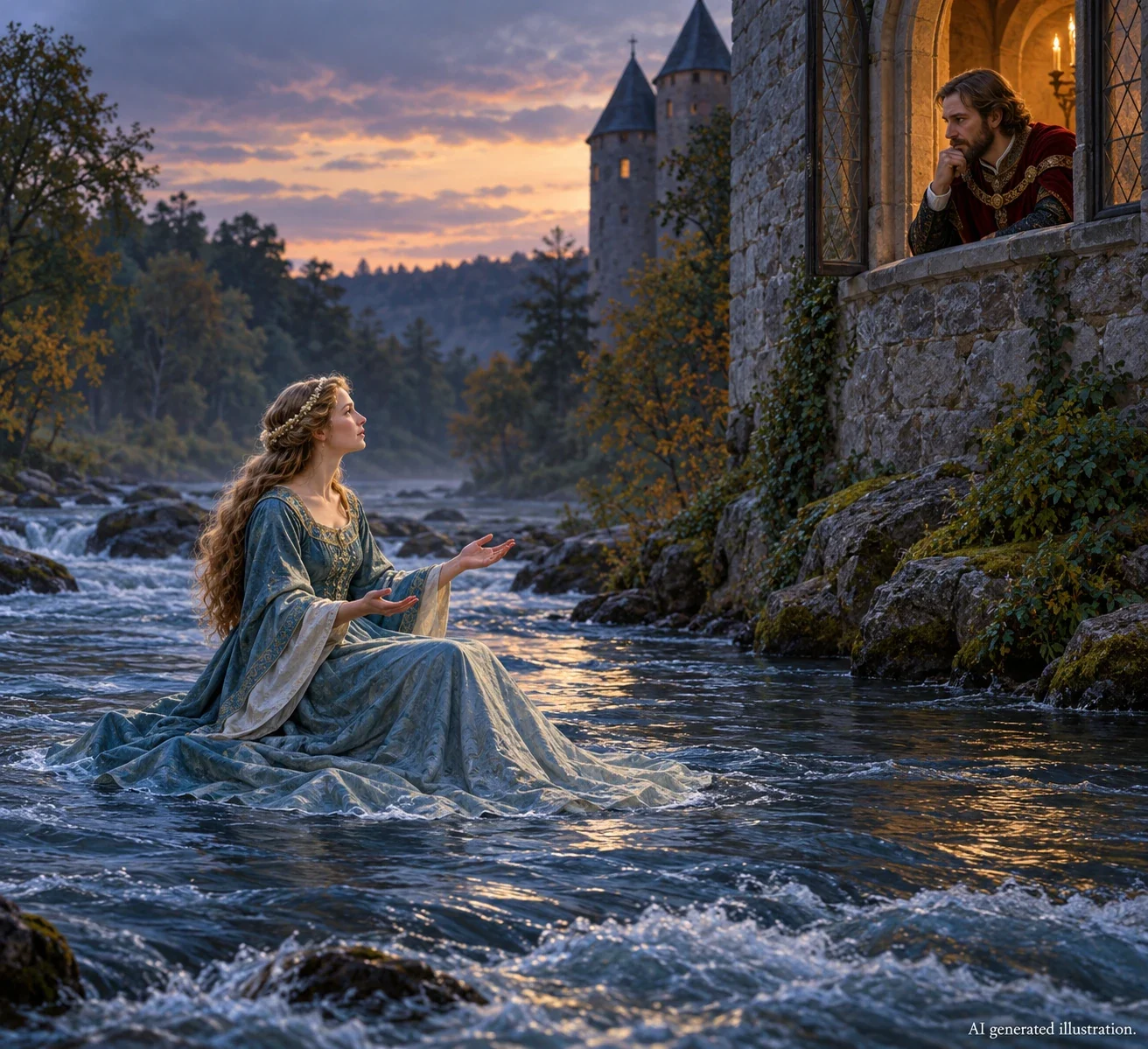 Water suitor addressing Magnus from a stream beneath his window.
