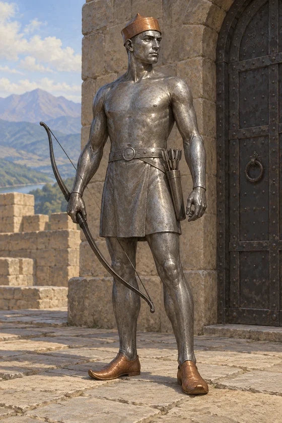 A complete steel-bodied human-shaped figure with copper cap and shoes holds a lowered iron bow