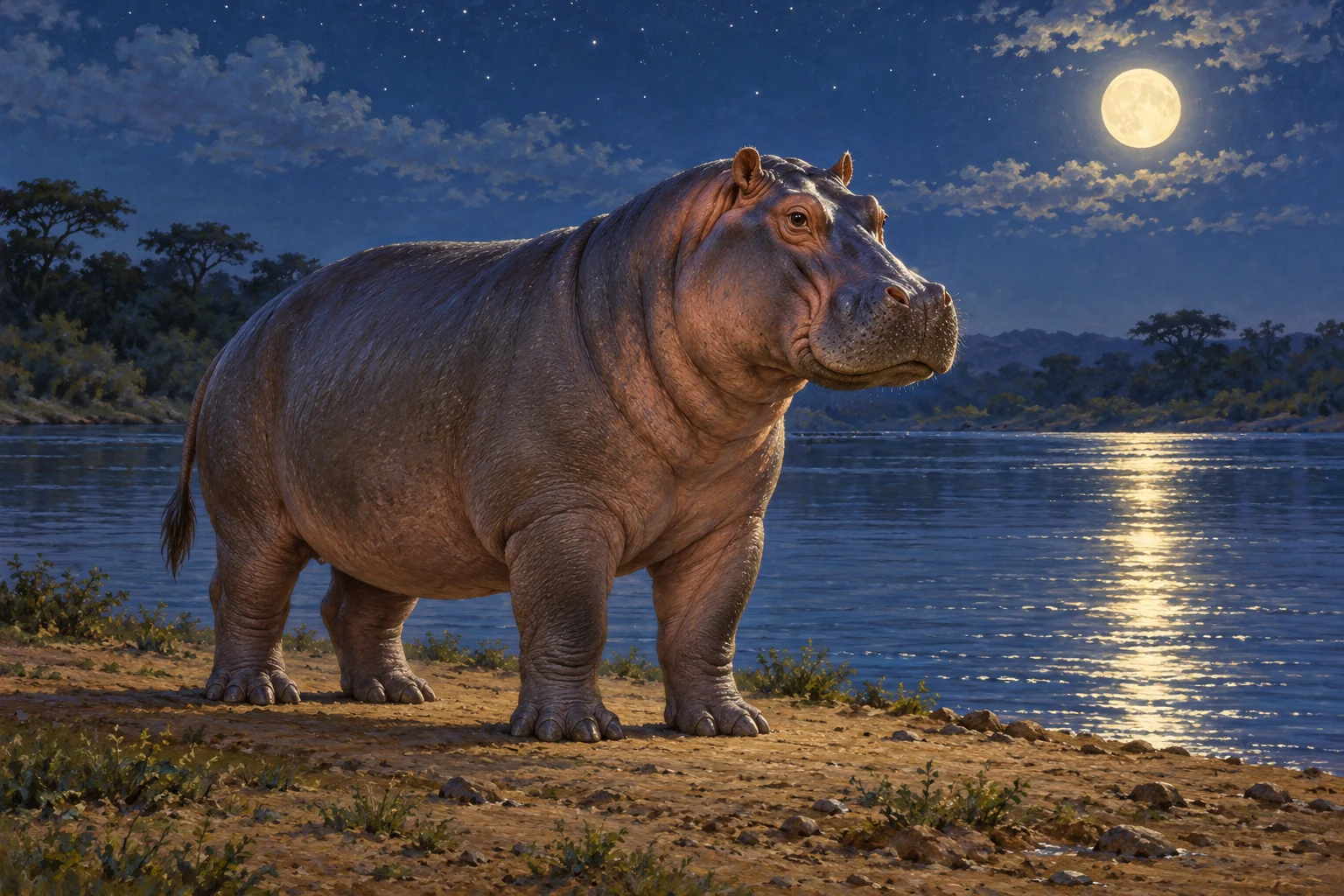 Complete imagined hippopotamus standing above water on a night riverbank.