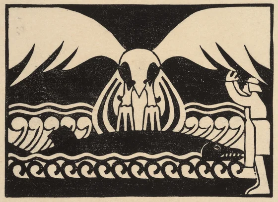 Ilmarinen’s forged eagle above Tuonela’s pike in Joseph Alanen’s linocut, circa 1918–1919