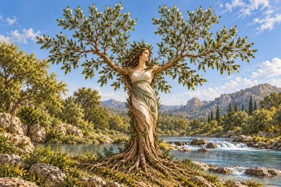 Daphne’s arms become laurel branches and her feet become roots beside a river.