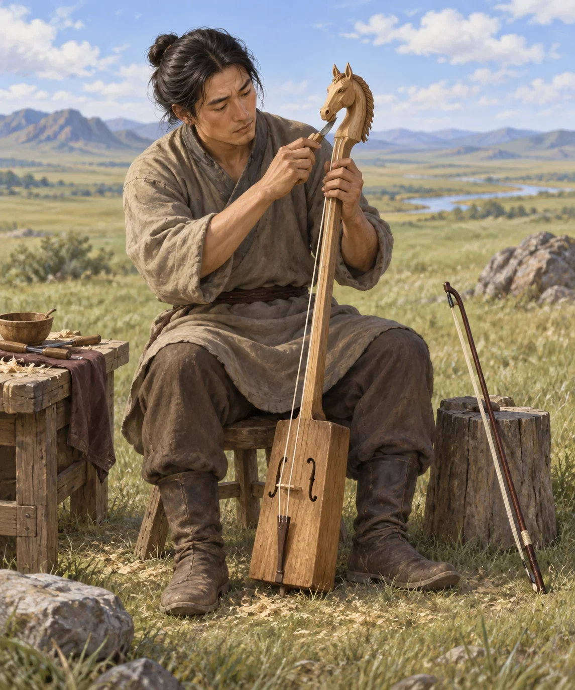 AI imagined Namjil making a horse-headed fiddle after his loss.