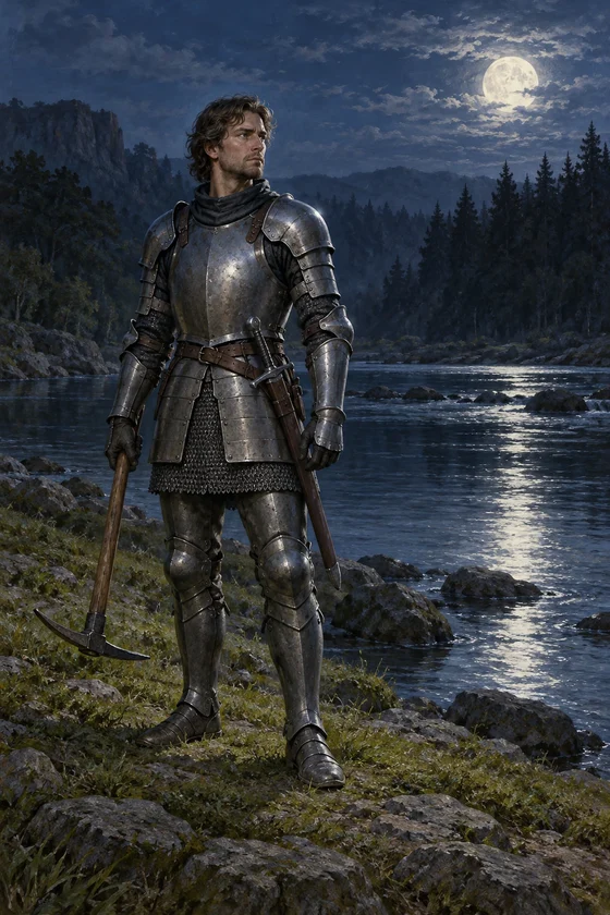 AI interpretation of Alderic with armour, sheathed sword and pickaxe.