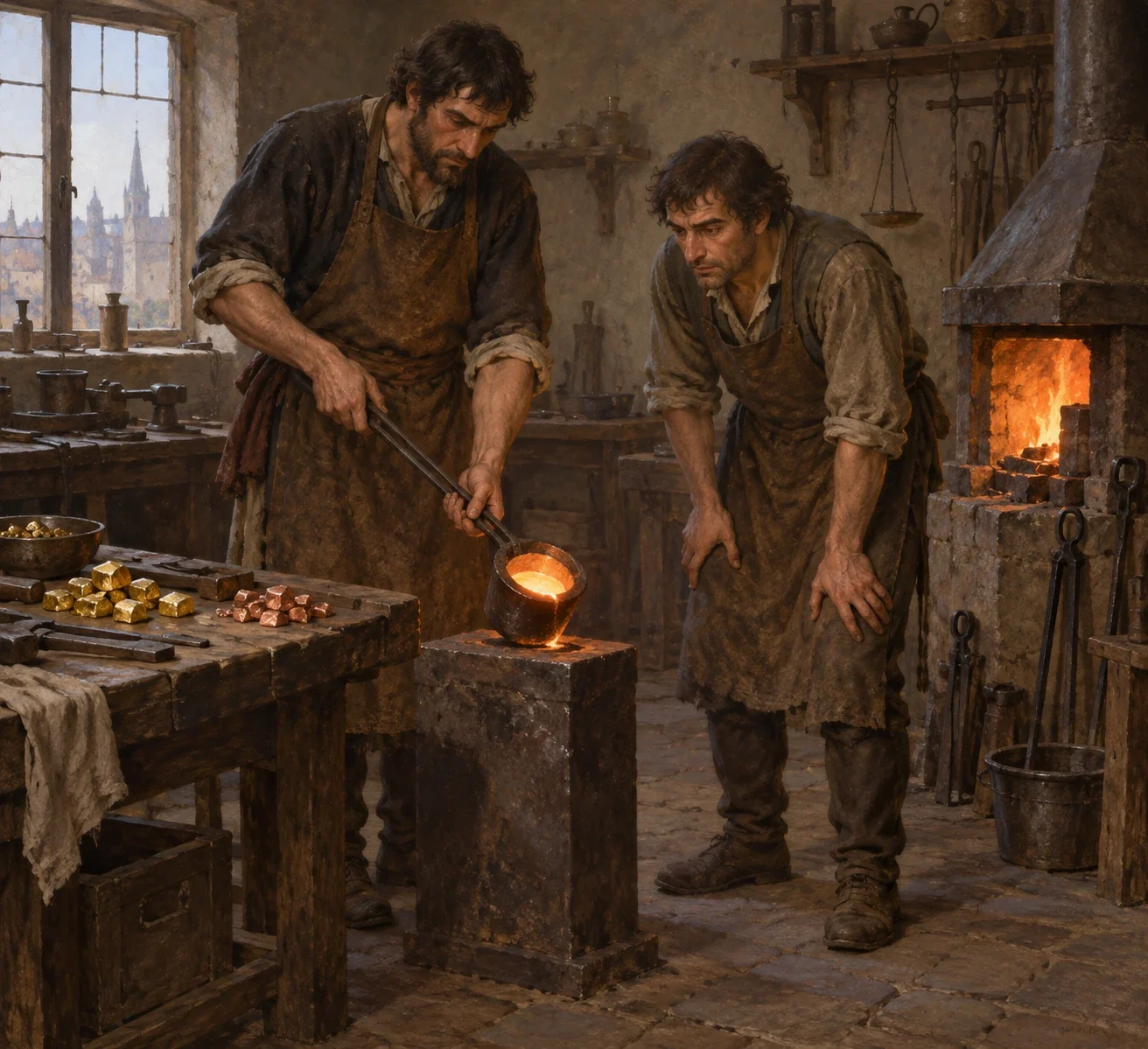 Modern AI interpretation of Hans and Schwartz in their goldsmith workshop.