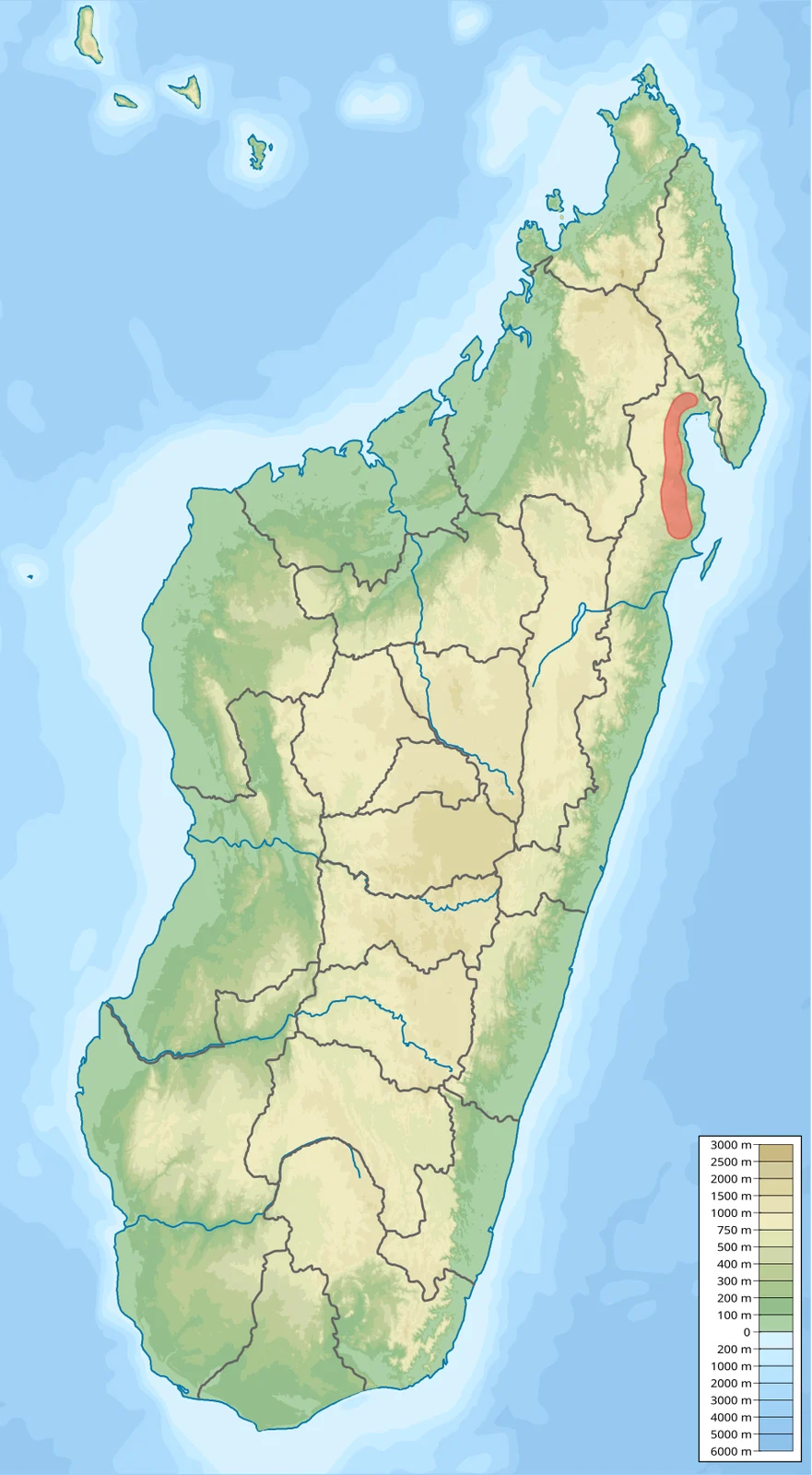 Approximate range of Boophis fayi based on:
https://www.iucnredlist.org/species/49459837/49459853
https://www.mvences.de/p/p1/Vences_A222.pdf
  The approximate range is shown in red on a relief map of Madagascar.