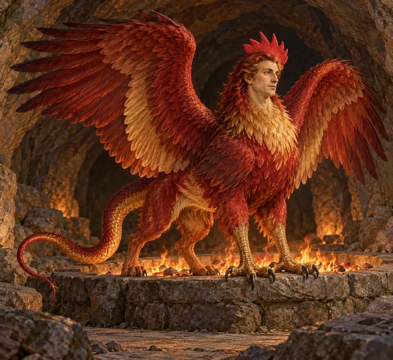 A human-faced, feather-winged cockatrice with a scarlet comb and snake tail stands beside a low fire basin.