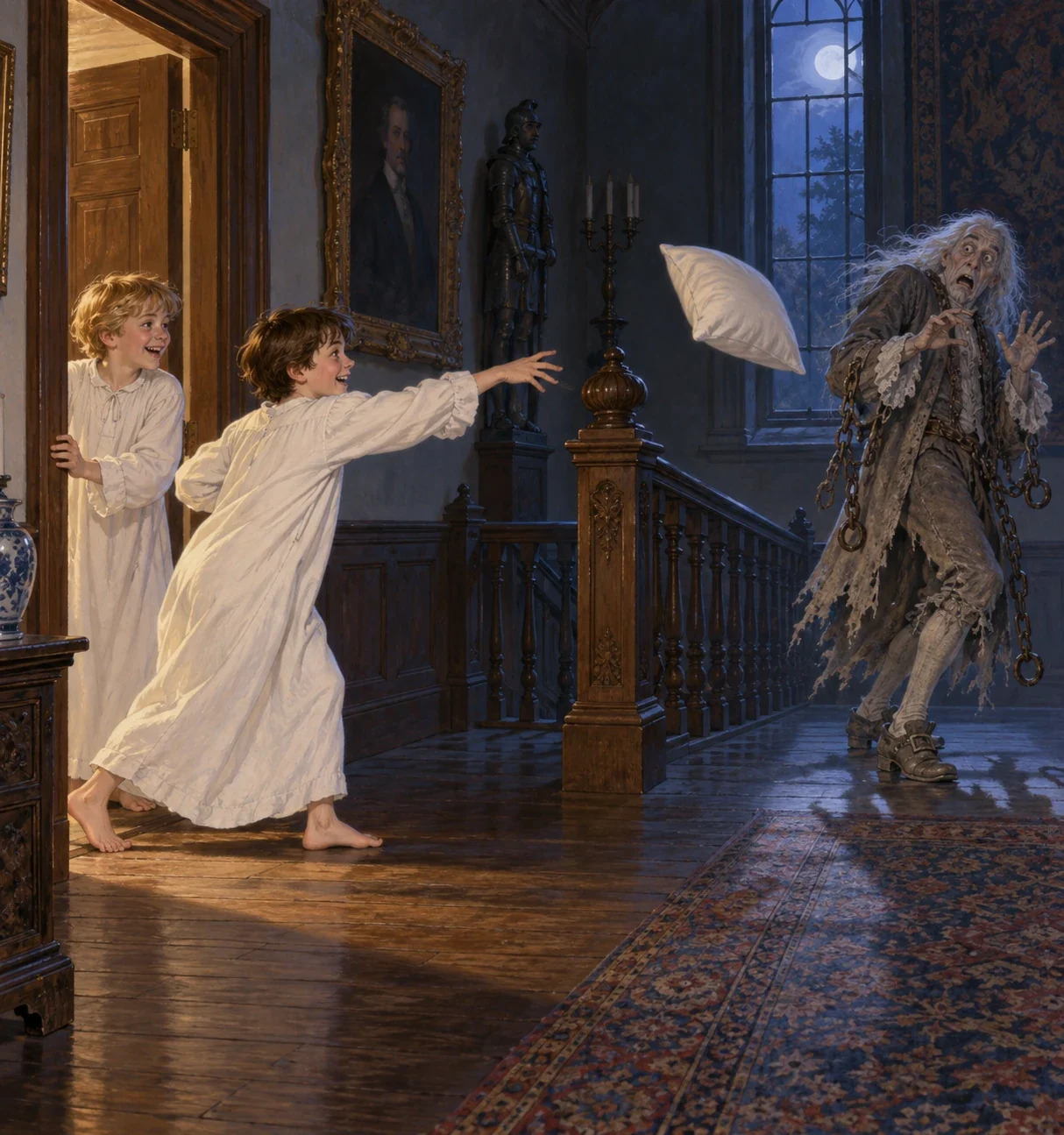 AI interpretation of the white-robed Otis twins throwing a pillow toward Sir Simon.
