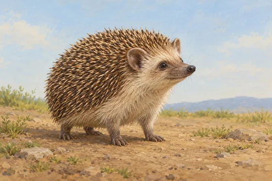 An alert hedgehog stands on a plain patch of earthy ground.