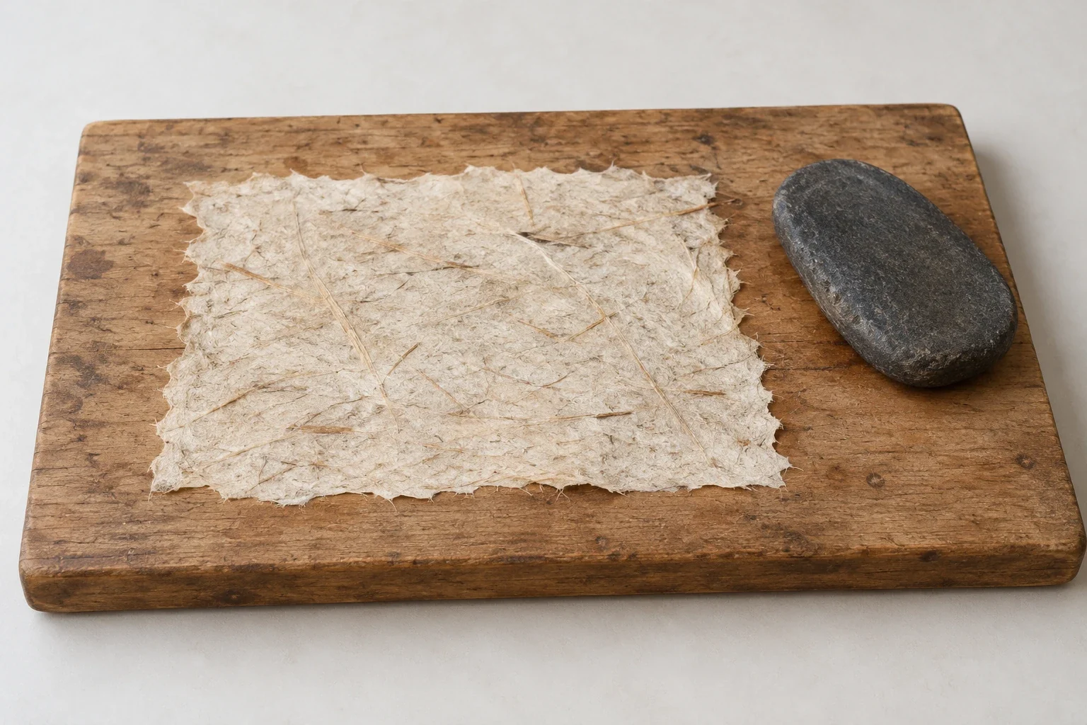 AI-generated illustration: A small plain pale fibrous sheet forming on a wooden board, with a simple flat dark beating stone beside it.