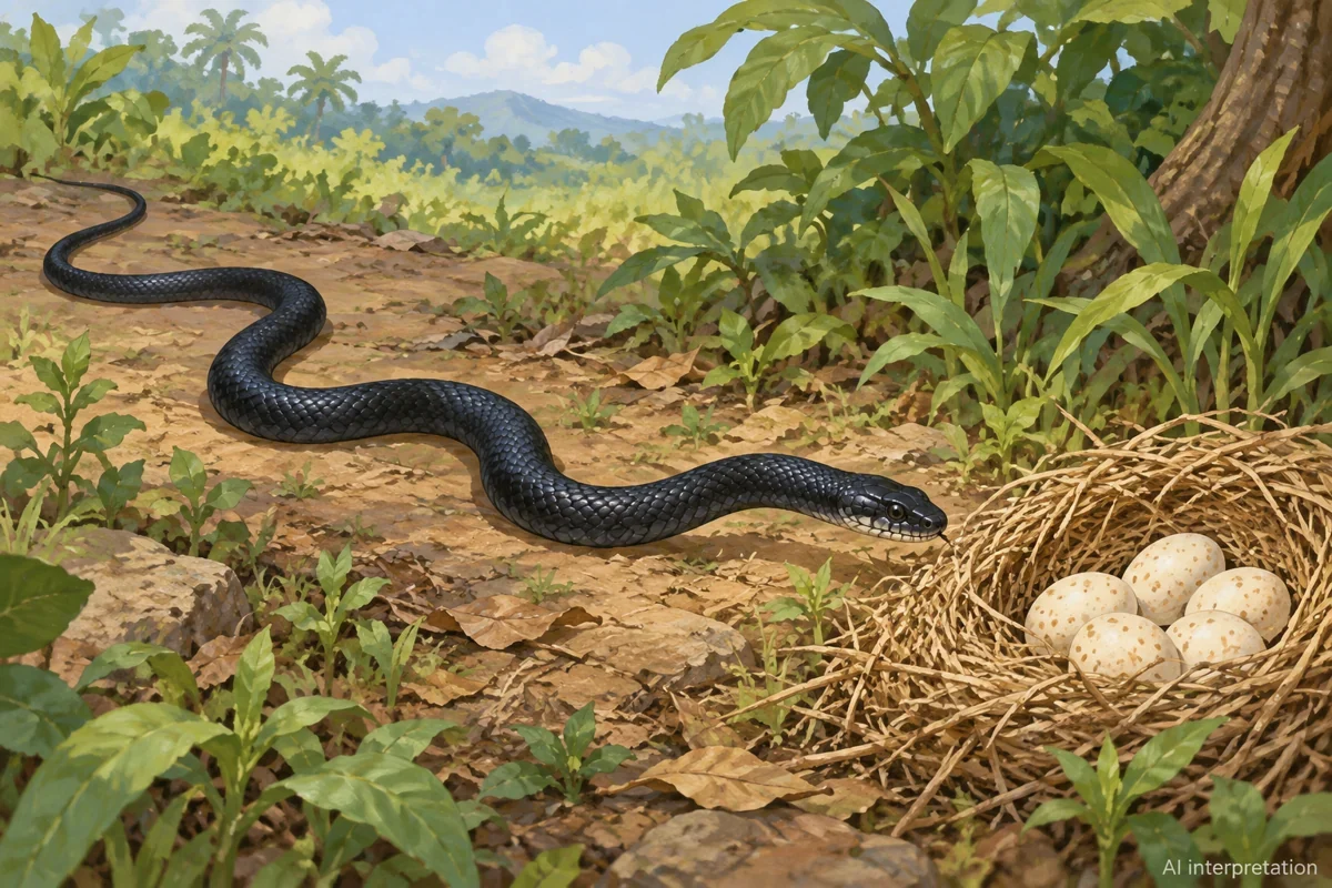 AI interpretation of Black Snake approaching Chicken’s eggs. Animal and nest imagined; the earlier theft phase.