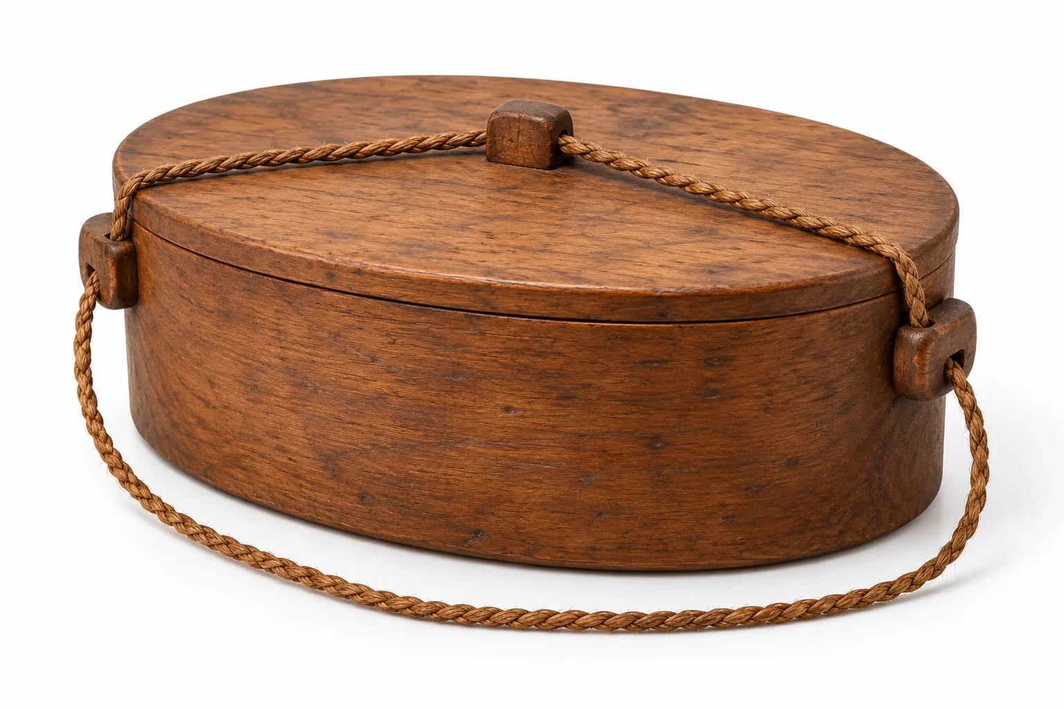 AI-generated illustration: A plain oval wooden box with a snug closed oval lid, small side lugs and a top lug, secured by a simple plaited coconut-fibre cord.