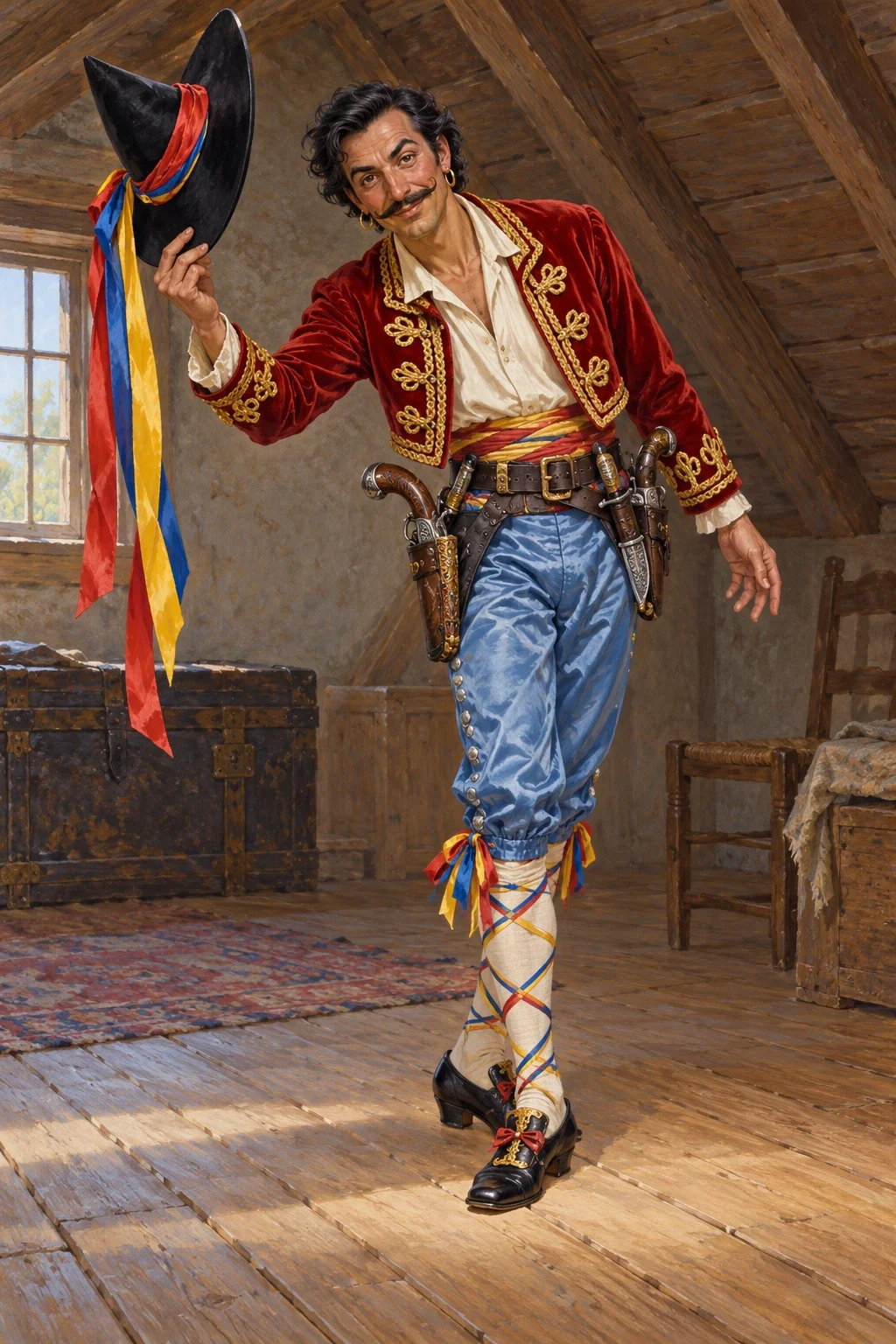 AI illustration of Victor in red velvet and blue breeches, holding his ribboned hat.
