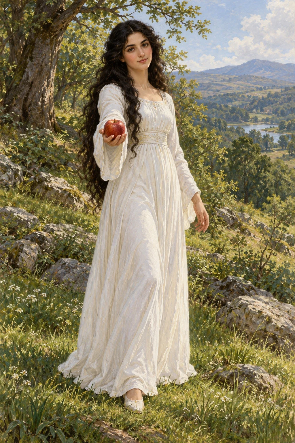 AI-generated first Yezinka in a white dress offering a red apple